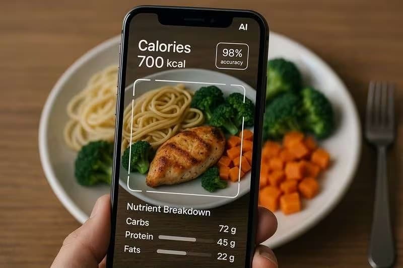 FoodOS scan — phone camera analysing a meal with AI nutrient breakdown