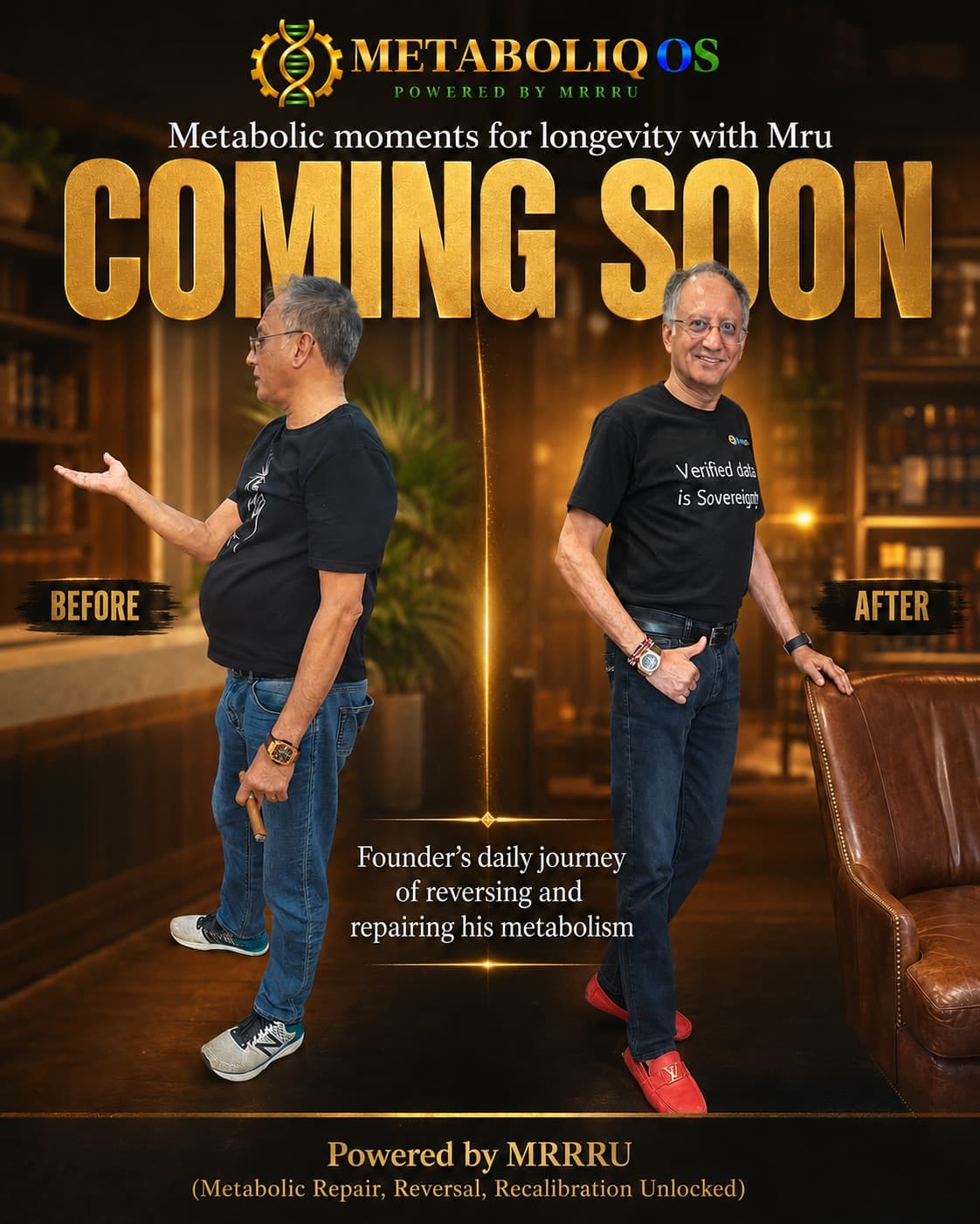 Mru Patel before and after transformation — MetaboliQ OS coming soon poster