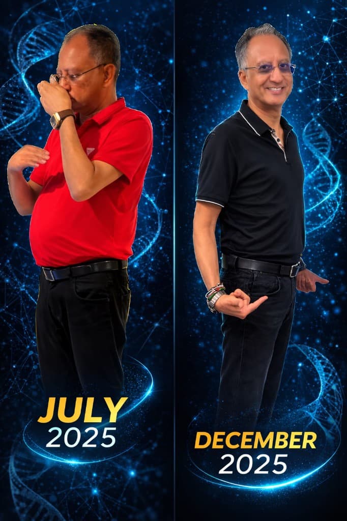 Mru Patel — July 2025 before and December 2025 after, side by side